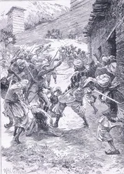Le lieutenant Harley menant la sortie du fort Chitral, illustration de l