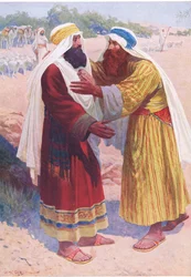 La rencontre de Jacob et Ésaü, de The Bible Picture Book publié par Thomas Nelson, vers 1950