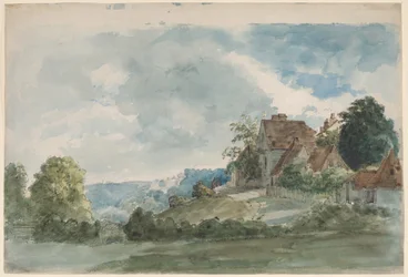 Chaumières dans un vaste paysage