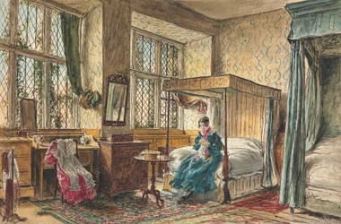 Mlle Moore cousant dans sa chambre, Hardwick Hall, Derbyshire