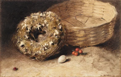 Nature morte avec panier, nid, œuf, groseilles rouges et coccinelle
