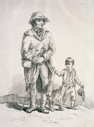 Un rustique avec un chien et un garçon, personnages provinciaux