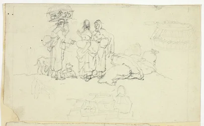 Figures avec des Marchandises et Trois Croquis
