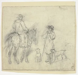 Homme avec des chiens et un autre à cheval