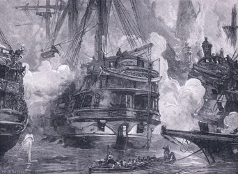 La bataille de Navarin en 1828 (lithographie)