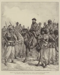 Le général Ghous-ud-din Khan, commandant des troupes afghanes à Penjdeh, avec ses soldats afghans