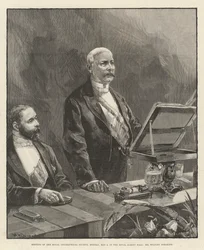 Réunion de la Royal Geographical Society, lundi 5 mai, au Royal Albert Hall, M. Stanley parlant