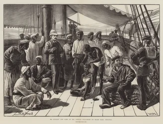 M. Stanley et certains de ses suiveurs africains à bord du HMS Industry