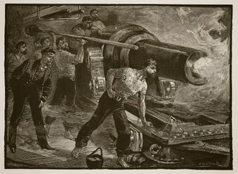 Guerre navale : manœuvrer un canon de navire, gravé par W.J. Palmer