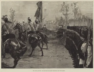 La Revue Royale, la Brigade des Gardes défilant devant la Reine