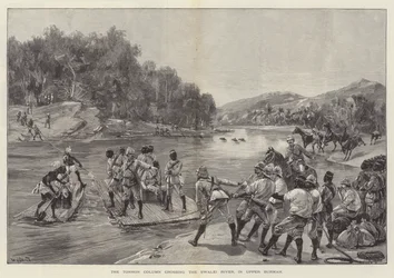 La colonne Tonhon traversant la rivière Swalei, en Haute-Birmanie