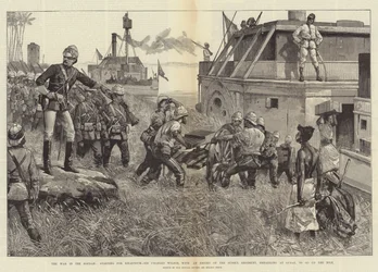 La guerre au Soudan, départ pour Khartoum, Sir Charles Wilson, avec une escorte du régiment de Sussex, embarquant à Gubat, pour remonter le Nil