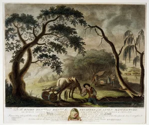 Retrait du lin de la tourbière, planche III de «La manufacture du lin en Irlande», 1791