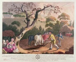 Vue du labourage, semis de graines de lin et hersage, 1791