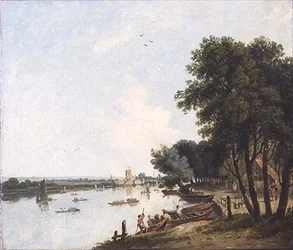 Vue de la Tamise à Chelsea avec le moulin à vent de Nine Elms au-delà