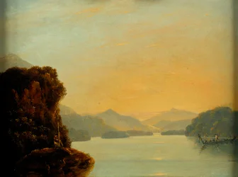 Vue dans la baie de Dusky avec un canoë maori