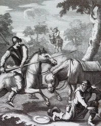 Don Quichotte saisit le bassin du barbier pour le casque de Mambrino