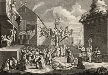 Gravure emblématique de la mer du Sud, tirée de "The Works of William Hogarth", publiée en 1833 (lithographie)
