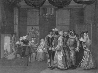 Vue intérieure de Somerset House montrant des personnages déguisés pour un bal masqué, 1805