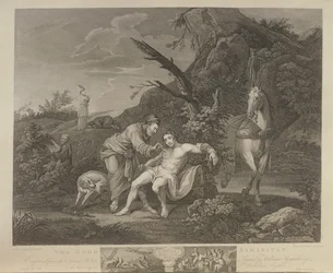 Le Bon Samaritain, gravé par J.M. Delatre et Simon Francis Ravenet, publié par John Boydell (1719-1804) 1772