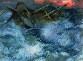 Navire naufragé avec serpent de mer et tigres