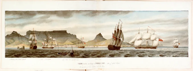 Escadron de navires depuis le mouillage dans la baie de la Table, Cap de Bonne-Espérance, fin du XVIIIe siècle au début du XIXe siècle