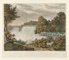 Chutes du Niagara. À Thomas Dixon Esq. est respectueusement dédiée cette vue de la chute américaine, prise depuis Goat Island