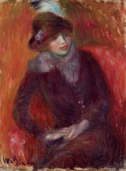 Femme assise avec un col en fourrure et fond rouge