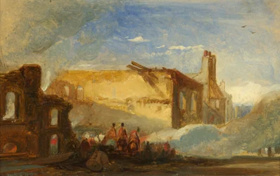 Émeutes de Bristol : Ruines des entrepôts de Prince Street, avec des troupes montées, vers 1831