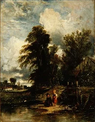 Étang avec des enfants pêchant