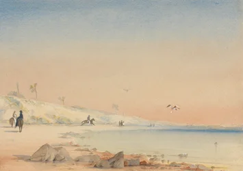Gambie - une baie sablonneuse avec des figures marchant et chevauchant au Cap St. Mary
