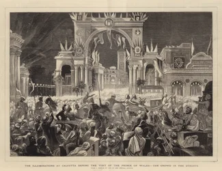 Les illuminations à Calcutta lors de la visite du Prince de Galles, la foule dans les rues