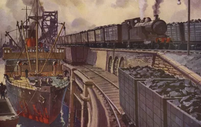 Train de charbon tracté par une locomotive-citerne 4-4-2 (lithographie couleur)