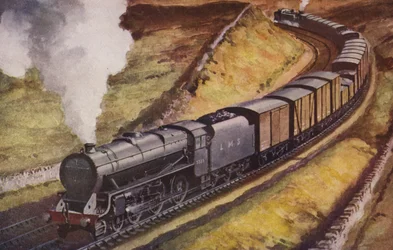 Train de marchandises express lourdement chargé (lithographie couleur)