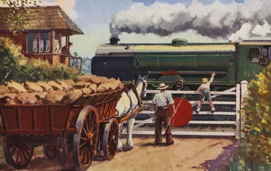 Un passage à niveau à la campagne (lithographie couleur)