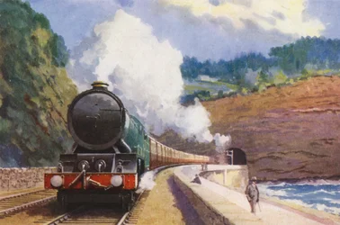 Le Cornish Riviera Express de la GWR, tiré par une locomotive de la classe "King", sur son trajet entre Londres et Penzance (lithographie couleur).
