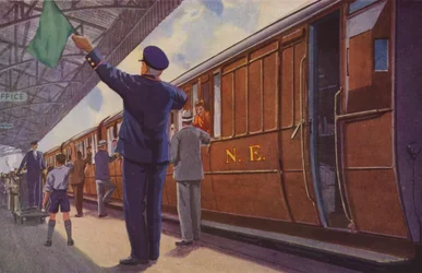 La garde, avec le drapeau vert et le sifflet (lithographie couleur)