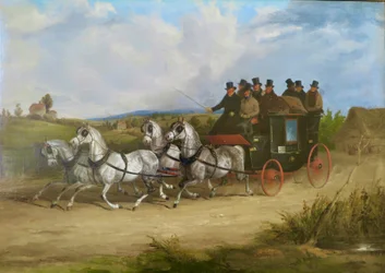 Le carrosse de Londres à Brighton tiré par une équipe de chevaux gris