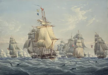 Une escadre britannique toutes voiles dehors avec des marsouins