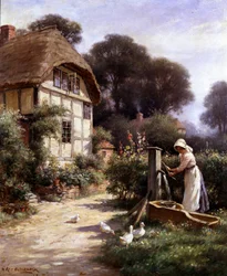 Drawing Water by a Cottage 1917. Une jeune paysanne puise de l