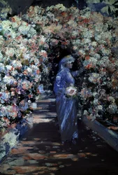 The Bride. Une jeune mariee cueille des fleurs sous un arche dans un jardin. Peinture de William Kennedy (1859-1918 British) Collection privee