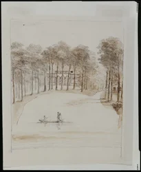 Nichoir à Chiswick; bassin avec un couple en bateau, la femme pêchant