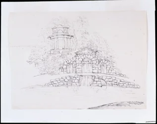Chiswick, design pour une cascade rocheuse avec un temple dorique octogonal sur la terrasse derrière