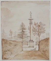 Chiswick, vue de la colonne dorique avec la statue de Vénus de Médicis, et un aperçu du côté de la maison des cerfs (encre sur papier)