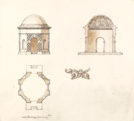 Temple octogonal à Shotover Park, Oxfordshire : Plan, section et élévation