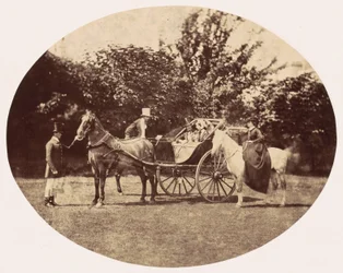 Carrosse tiré par des chevaux et cavalière