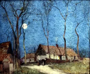 Figures dans un village au clair de lune