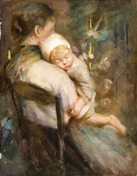 Jeune Mère avec Enfant Endormi sur ses Genoux (aquarelle sur papier)