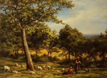 Un Berger et son Troupeau dans un Paysage Boisé Ensoleillé