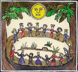 Un cercle de sorcières dansant sous une pleine lune, XIXe ou début XXe siècle